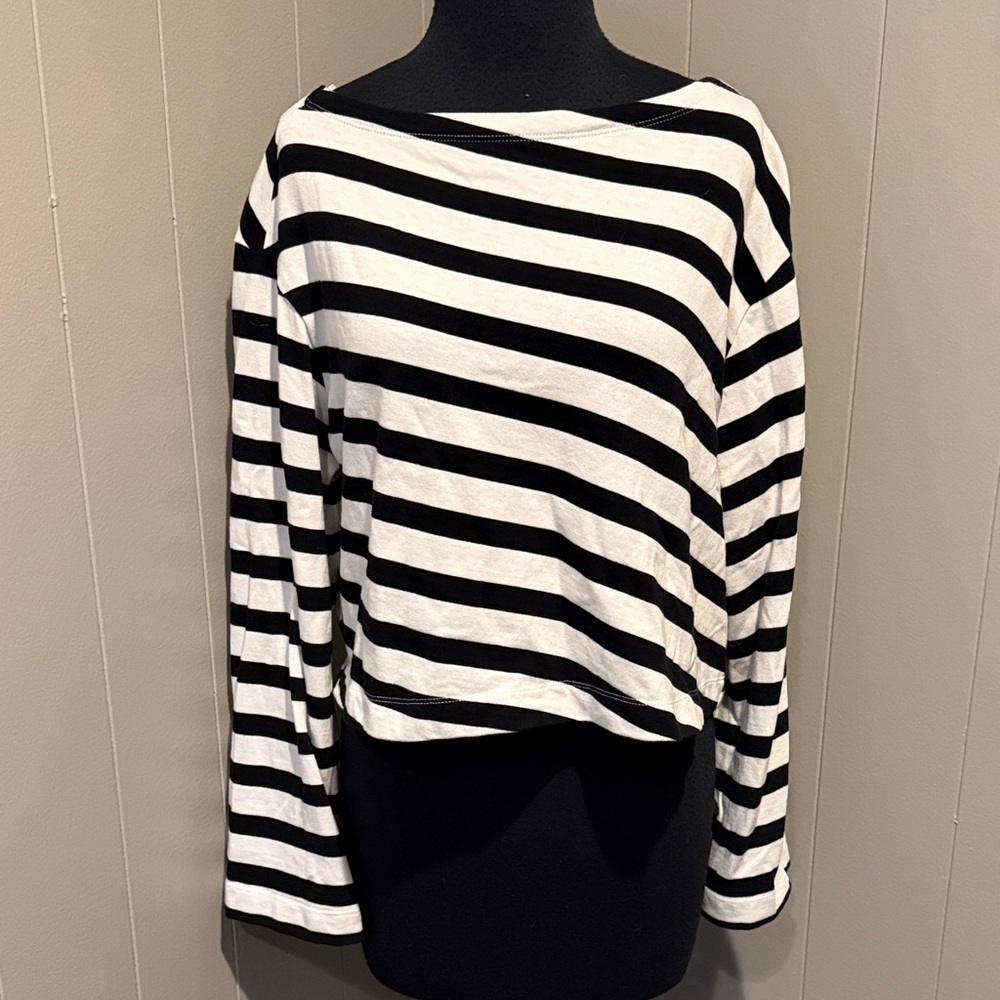 B29 Maeve Anthropologie Monochrome Striped Long Sleeve Tee Boat Neck Cropped